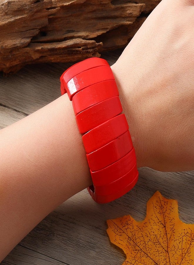 QRH Red Bohemian Wooden Beads Stretch Bracelet Multi-colored Wide Chunky Bangle Bracelets Red Wooden Beads Wristband Elastic Bangle Coconut Shell Bracelets Jewelry - Image 4